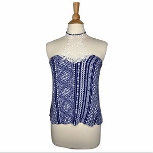 Patterned Blue Beachy Halter Top Tie Up Neck W7